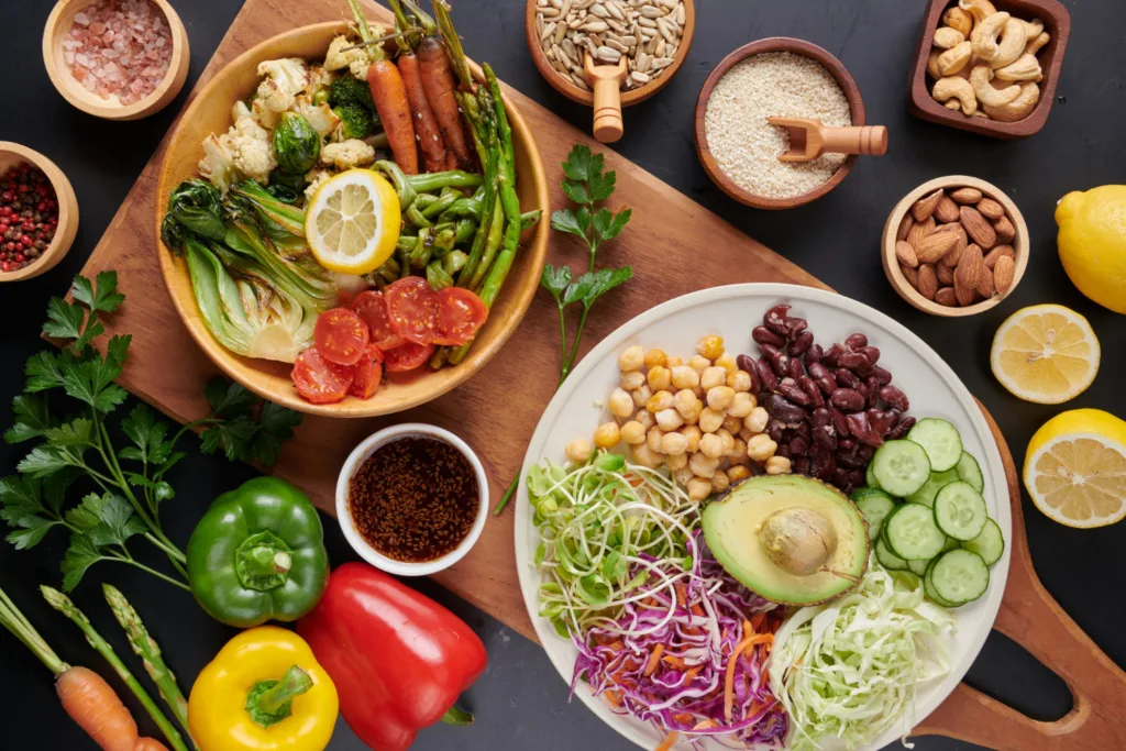 mesa de ingredientes para uma alimentacao saudavel.