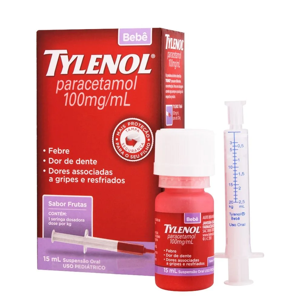 caixa de xarope Tylenol com seringa de aplicação.