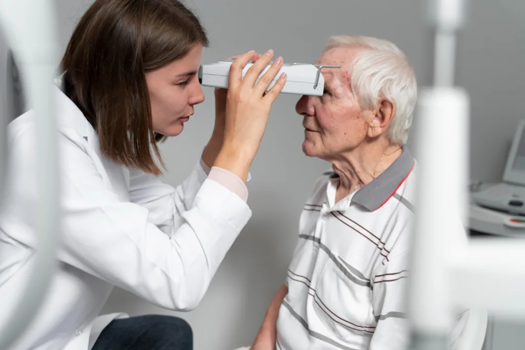 médica oftalmologista examinando um paciente idoso.