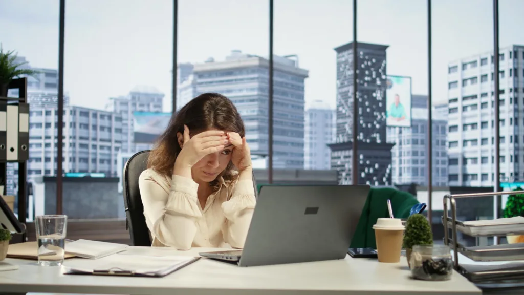 mulher estressada na mesa do escritório.