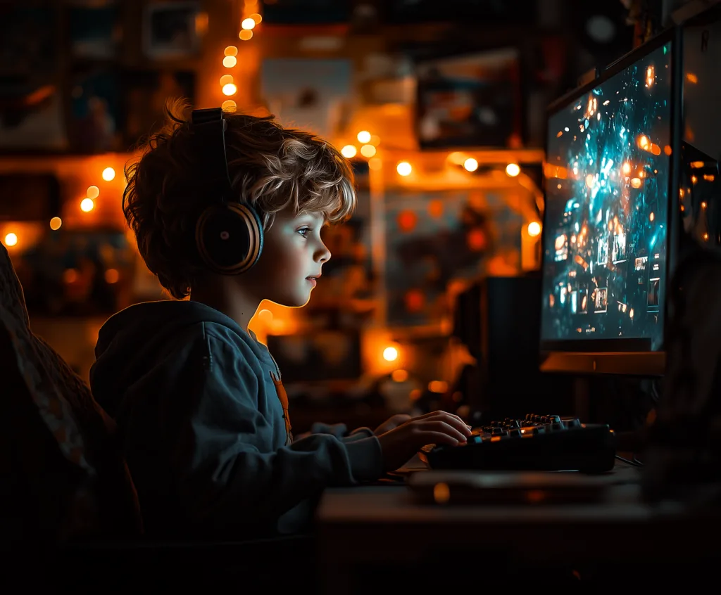 criança usando um computador num ambiente cibernético.