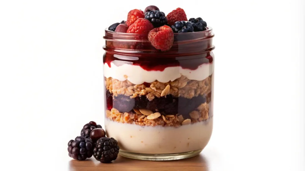 yogurt em camadas de frutas e castanhas.