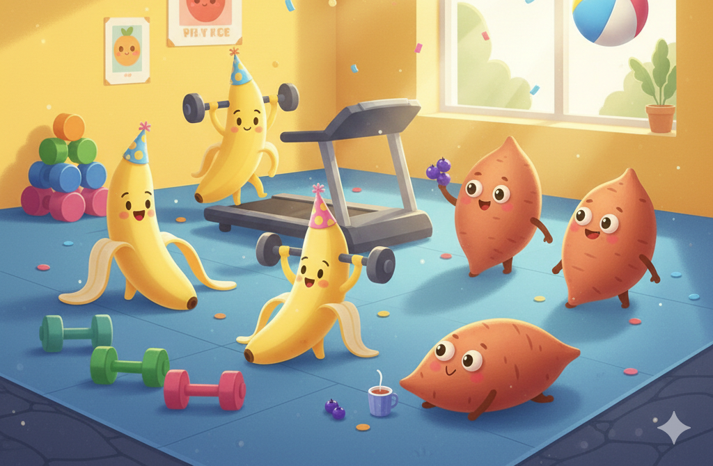 imagem colorida de bananas e batatas doce numa academia.