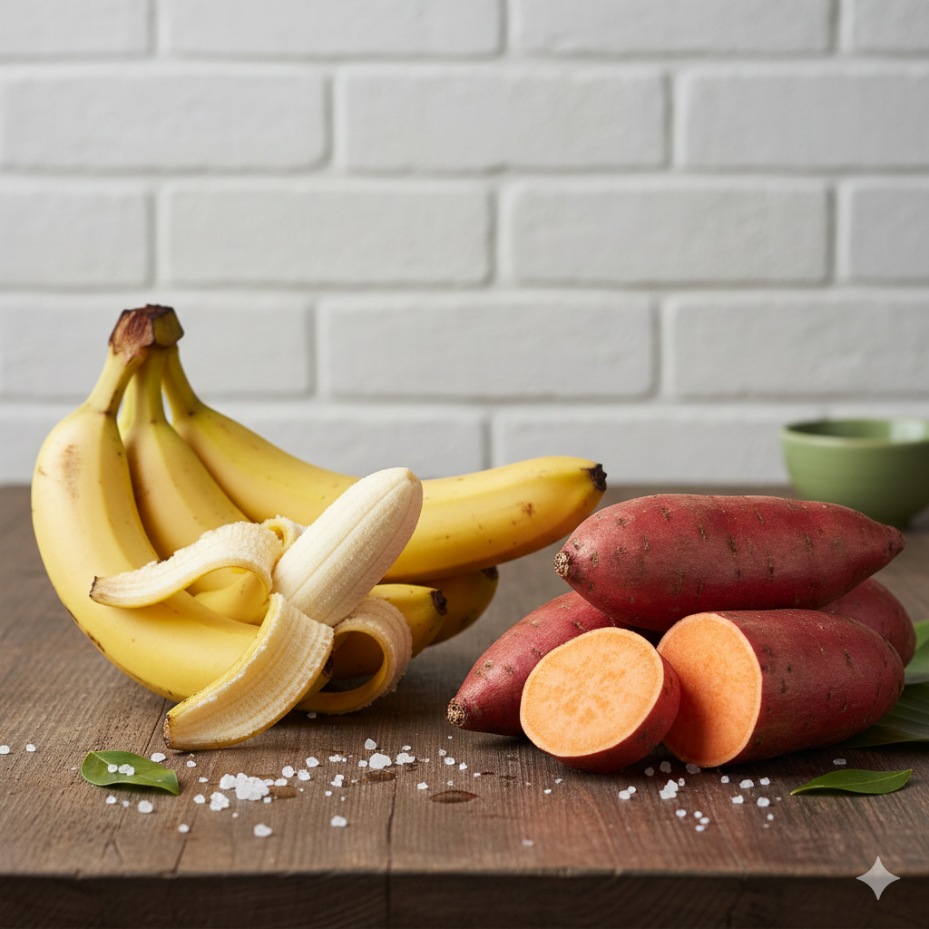 imagem de batata doce e bananas em uma mesa de madeira.