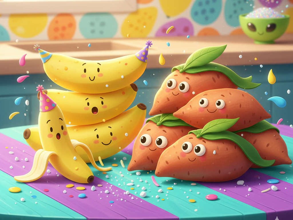 imagem divertida de bananas e batatas doce.