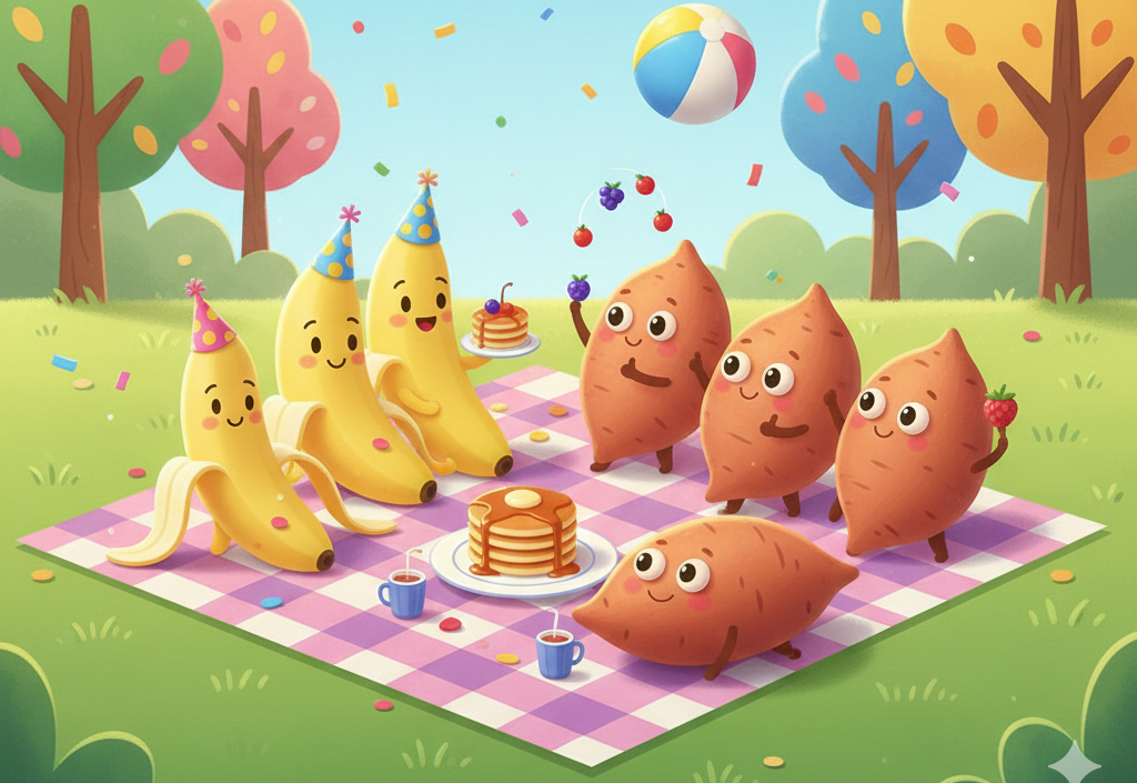 imagem divertida da bananas e batatas doce num picknic.