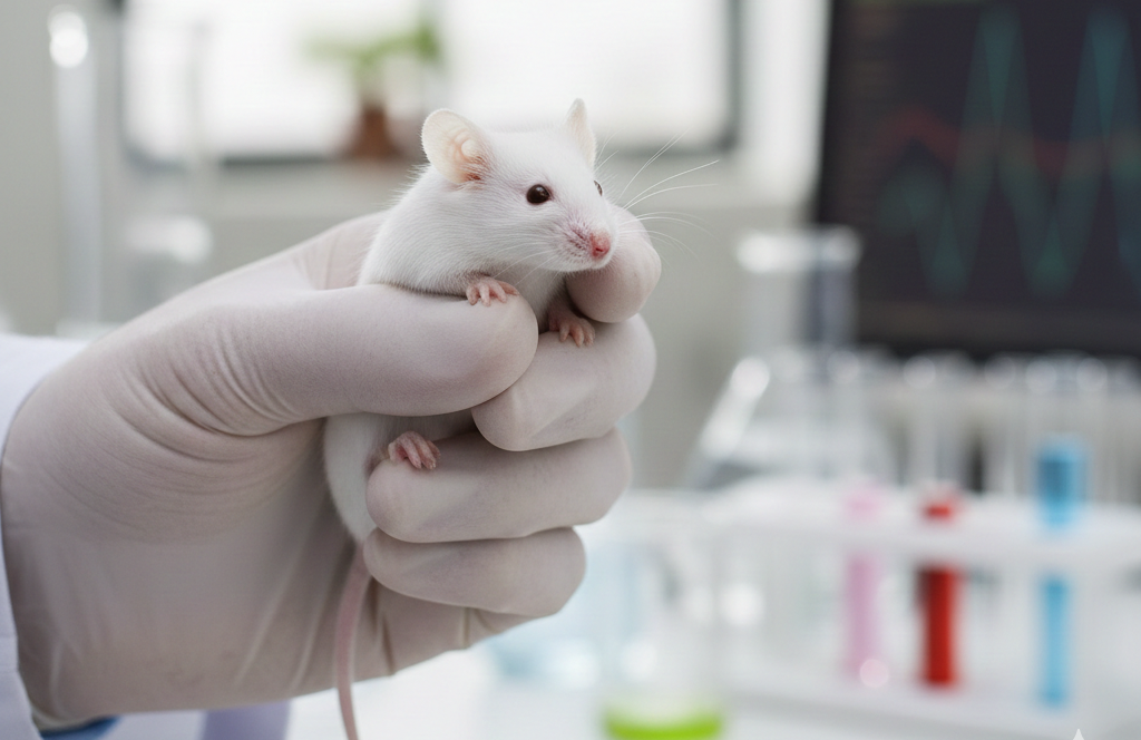 cientista manipulando um rato de laboratório.