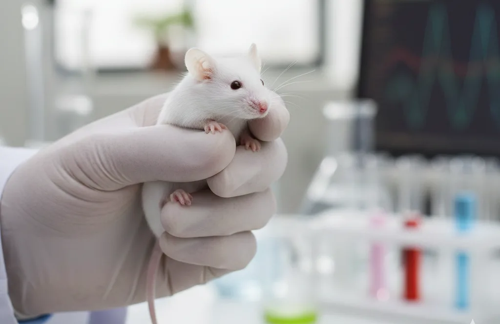 cientista manipulando um rato de laboratório.