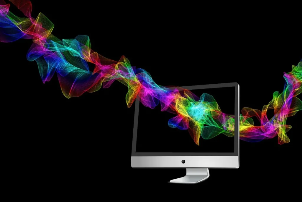 luzes coloridas saindo da tela de um computador