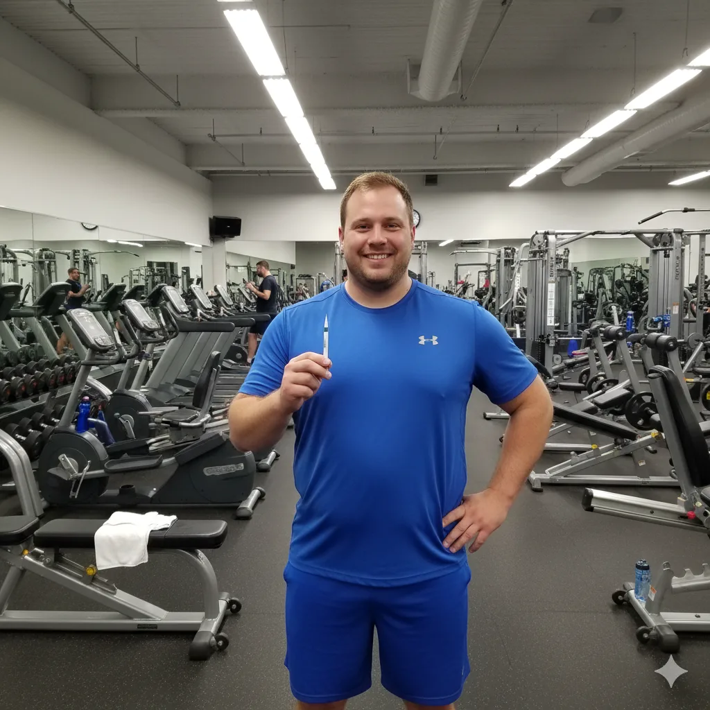 Homem segurando uma caneta GLP-1 numa academia.